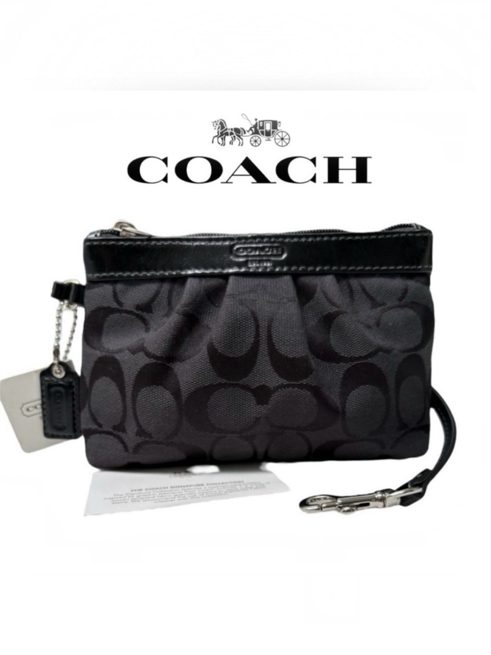 COACH Signature C Jacquard Wristlet with Patent Trim Black NWT
